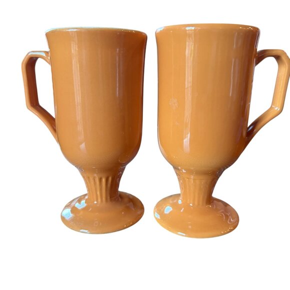 Vtg MCM Shenango China Pedestal Footed Mugs Set Of 2 Orange Irish Coffee Tea - Picture 2 of 12